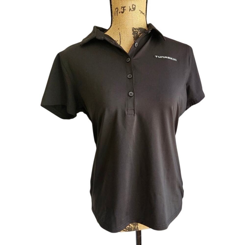 Tunaskin Performance Polo, Half Button, Top, Shirt, Black, Aquatic, Womens  Sz M
